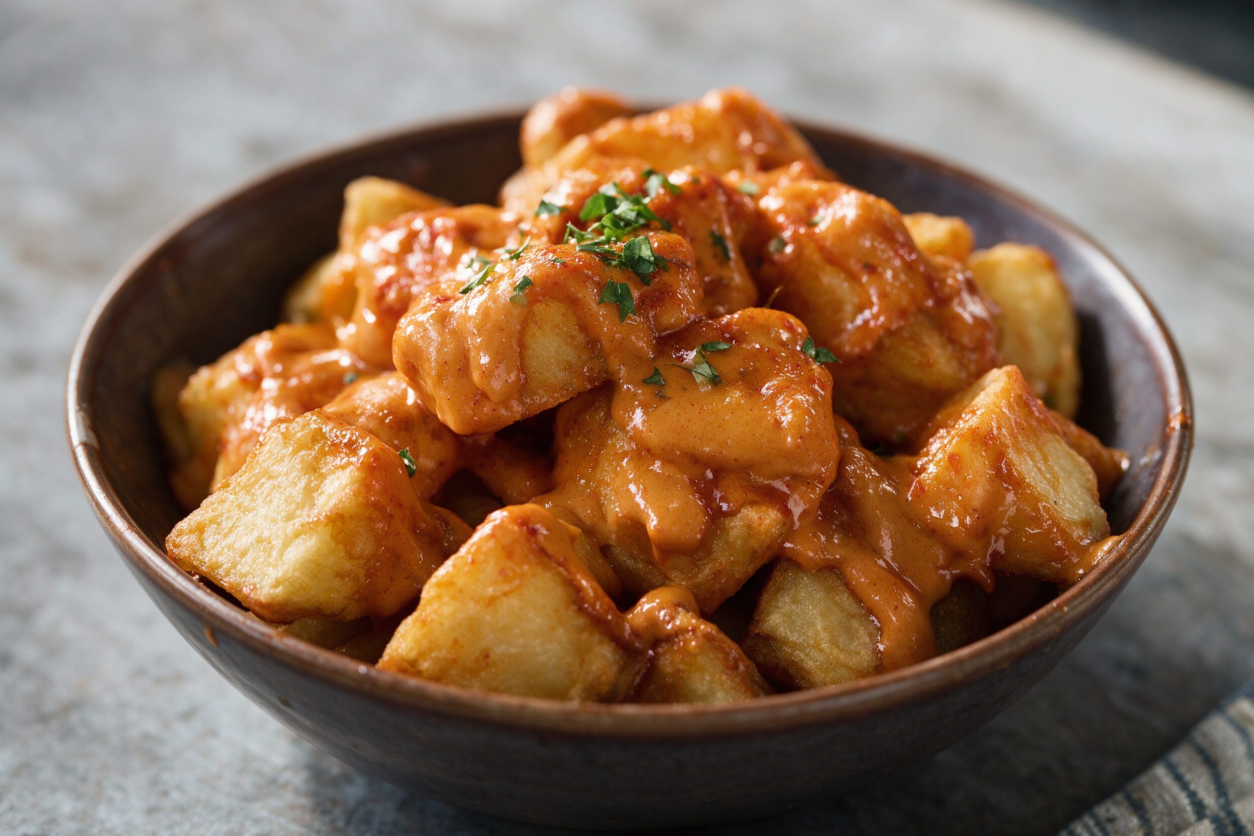 Patatas bravas con salsa brava naranja