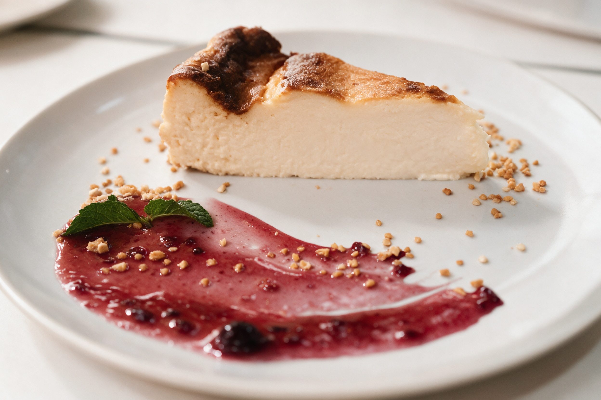 Tarta de queso al estilo vasco con coulis de frutos rojos